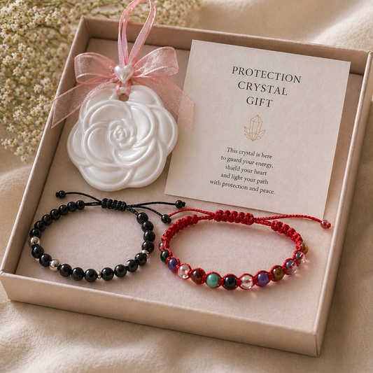 protection crystal gift set black tourmaline bracelet and red energy protection bracelet with aromatherapy rose
