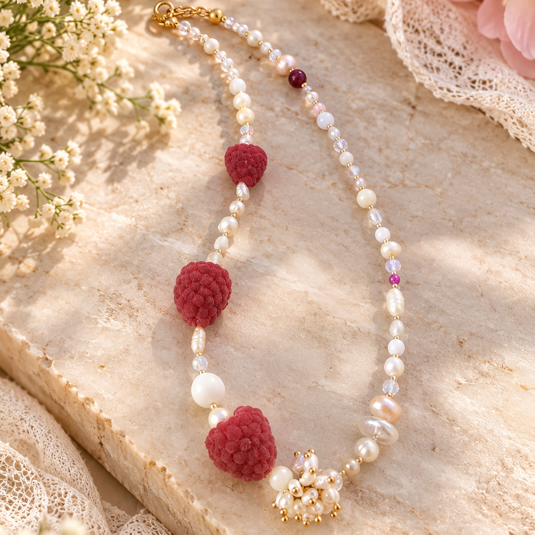 One-of-a-kind raspberry pearl necklace with natural ruby and agate by SIVONA