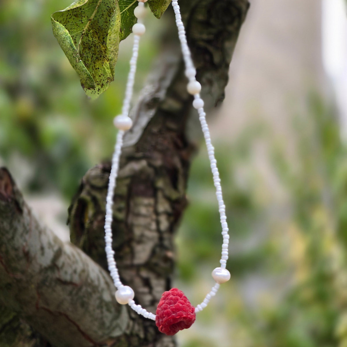 Realistic raspberry pearl choker handmade by SIVONA