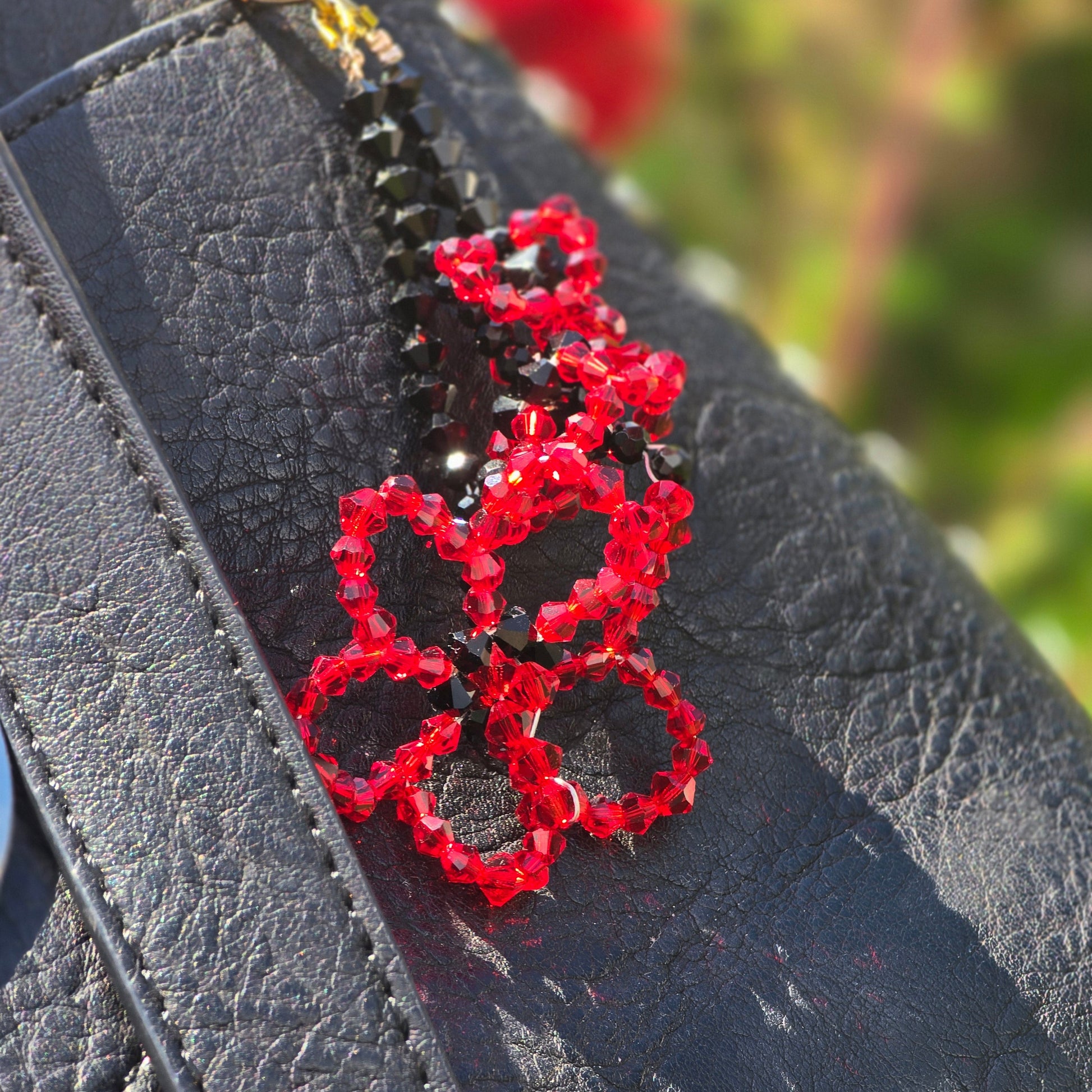 Red crystal flower bag charm with Austrian crystals and black tourmaline