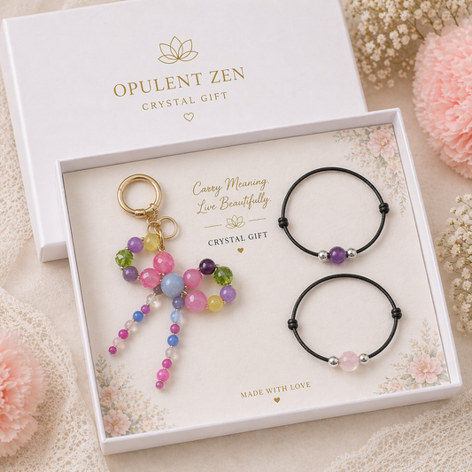 rose quartz amethyst crystal gift set with bag charm