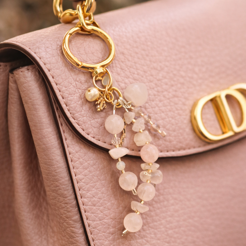 Handmade rose quartz crystal gift set with gemstone tree card and elegant luxury bag charm