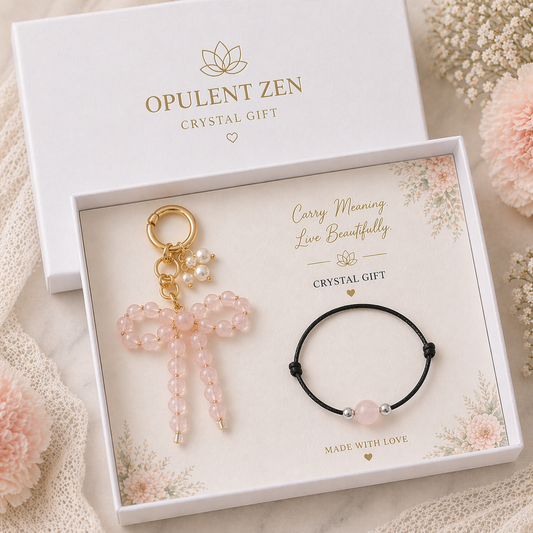 rose quartz crystal gift set for her with bracelet and bag charm in luxury box