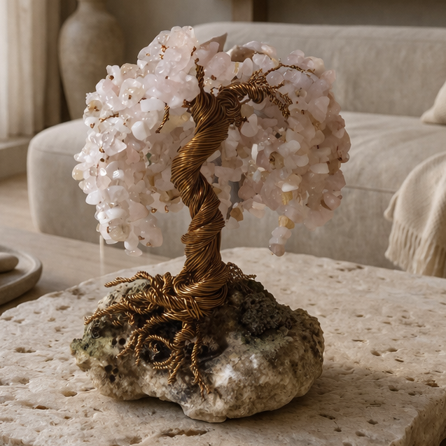 rose quartz crystal tree of life gift for her luxury handmade decor