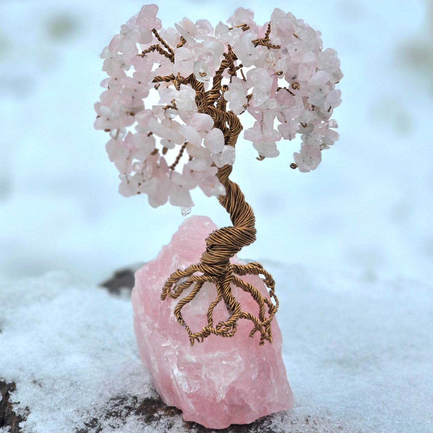 Tree of Life rose quartz crystal tree with raw rose quartz base – handmade gemstone decor