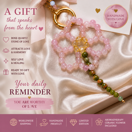 rose quartz flower bag charm gift for her love self love crystal jewelry handmade