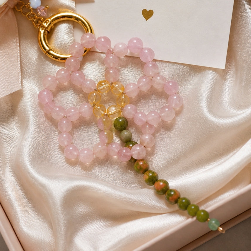 rose quartz keychain charm love gift for woman romantic crystal accessory
