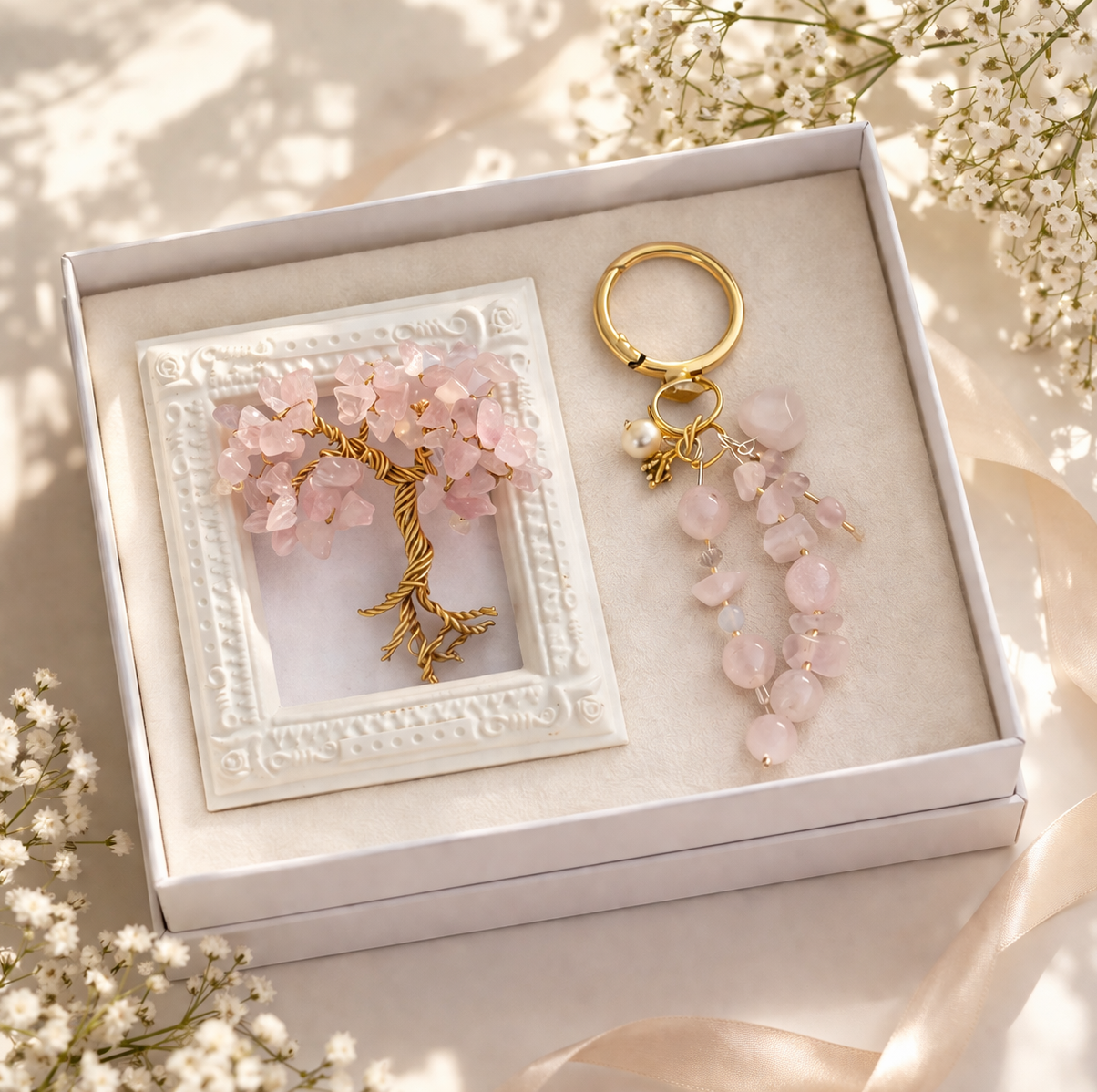 Luxury rose quartz gift box with handmade crystal tree card and gemstone bag charm for her