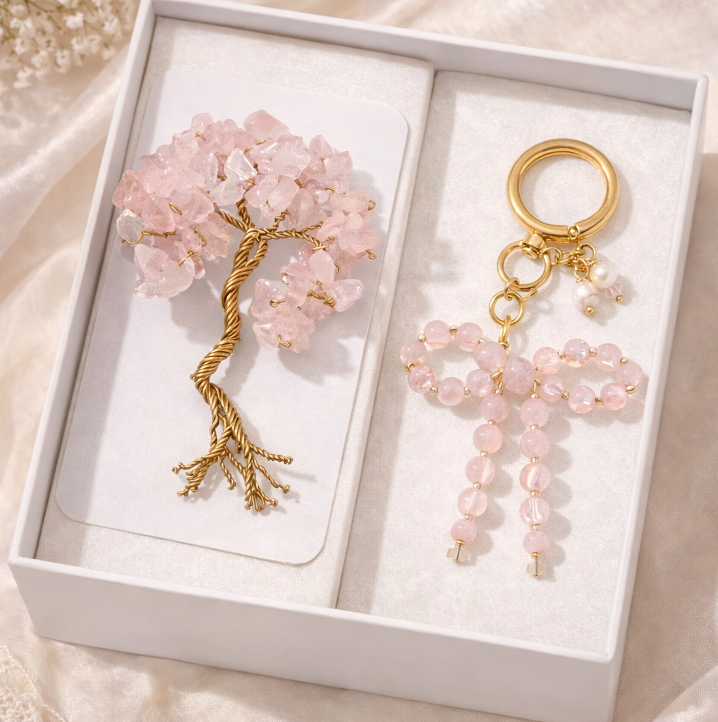 rose quartz gift set for her luxury handmade crystal tree card and bag charm
