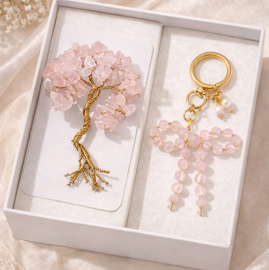 rose quartz gift set for her luxury handmade crystal tree card and bag charm