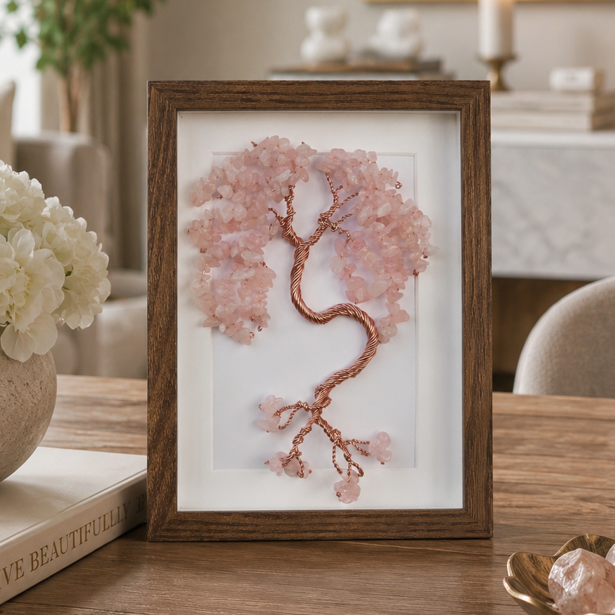 Handmade Rose Quartz Tree of Life Wall Art in Wooden Frame – Crystal Tree Sculpture for Home Decor and Meaningful Gift
