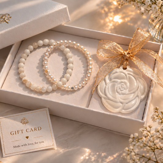luxury self care gift set for her with white jade pearl bracelets and aromatherapy rose