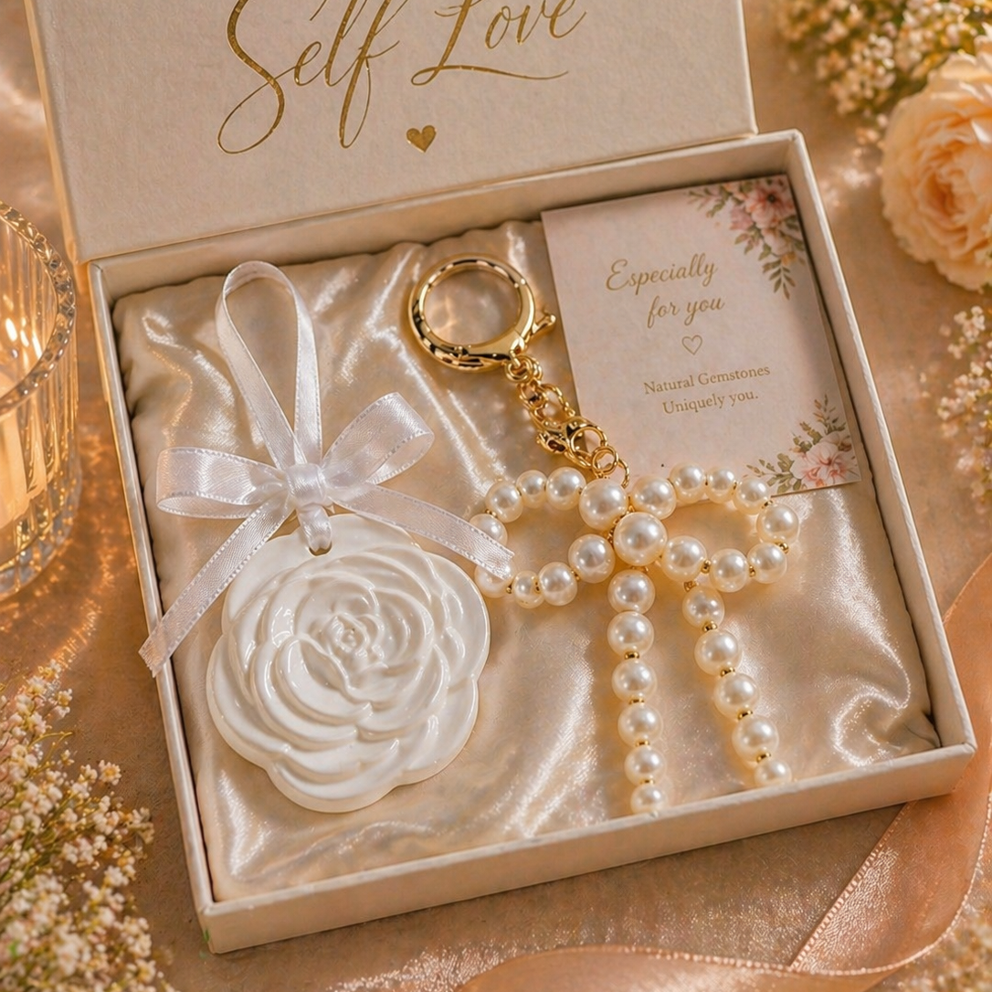 pearl charm gift set with ceramic rose in elegant box self love gift for her