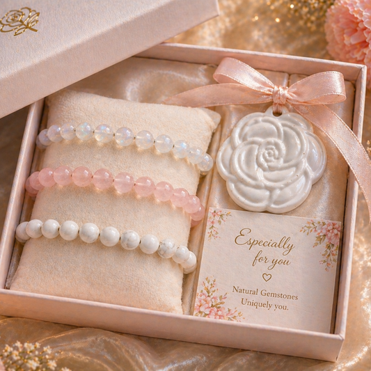 self love gift set for her with rose quartz moonstone bracelets and aromatherapy rose