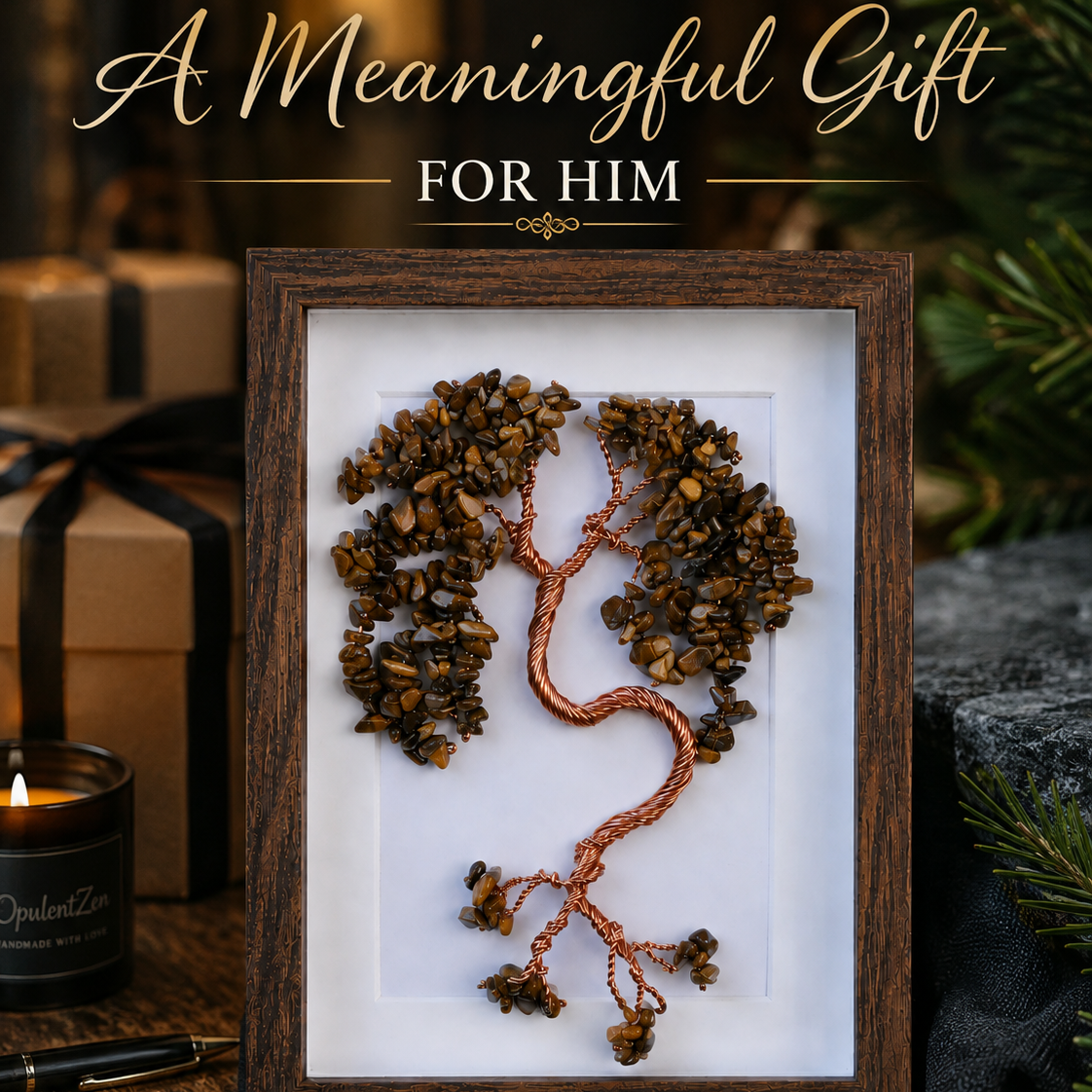 Tiger Eye Tree of Life handmade gemstone wall décor in wooden frame – unique gift for husband, dad or boyfriend