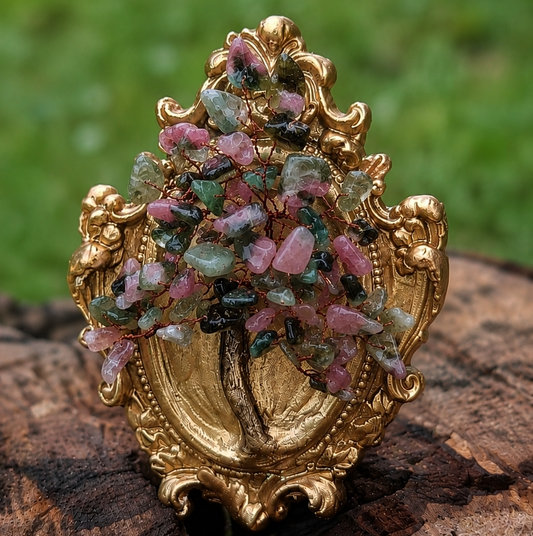 Handmade tourmaline petite crystal tree with antique gold ceramic frame luxury home decor