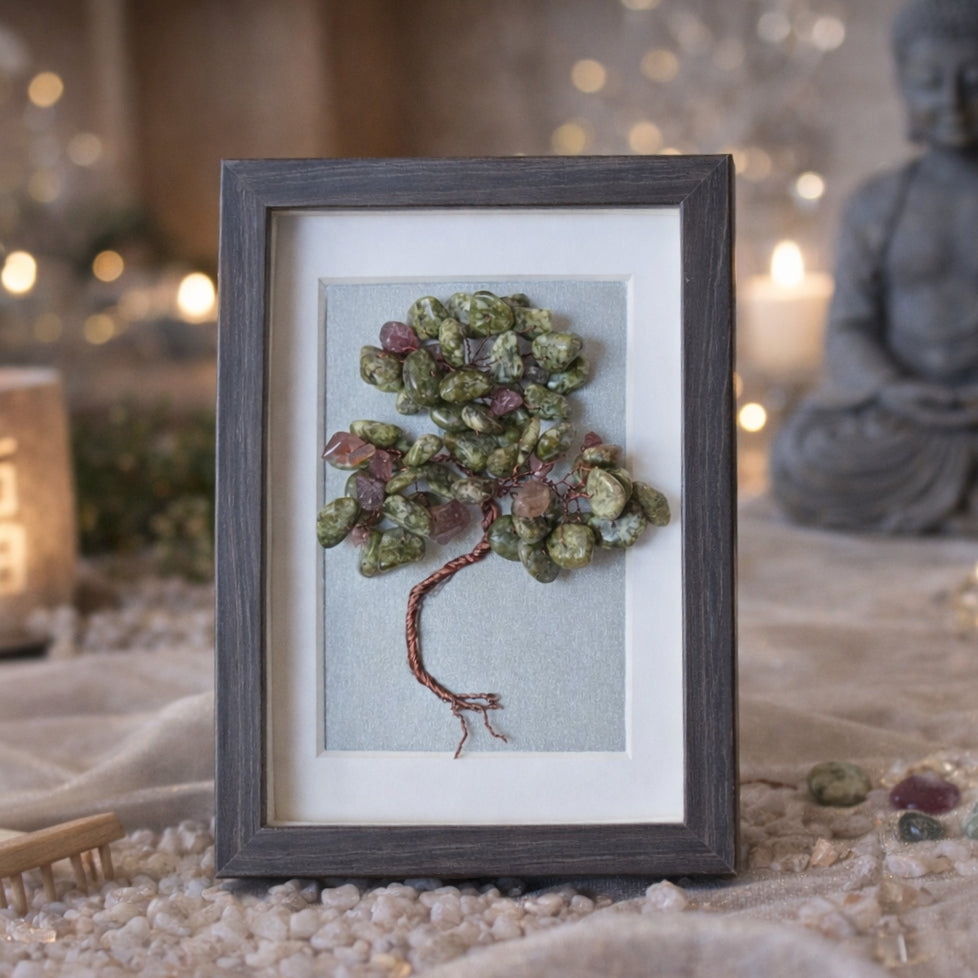 Green agate crystal tree in wooden frame, Tree of Life wall decor for calm, harmony and protection 