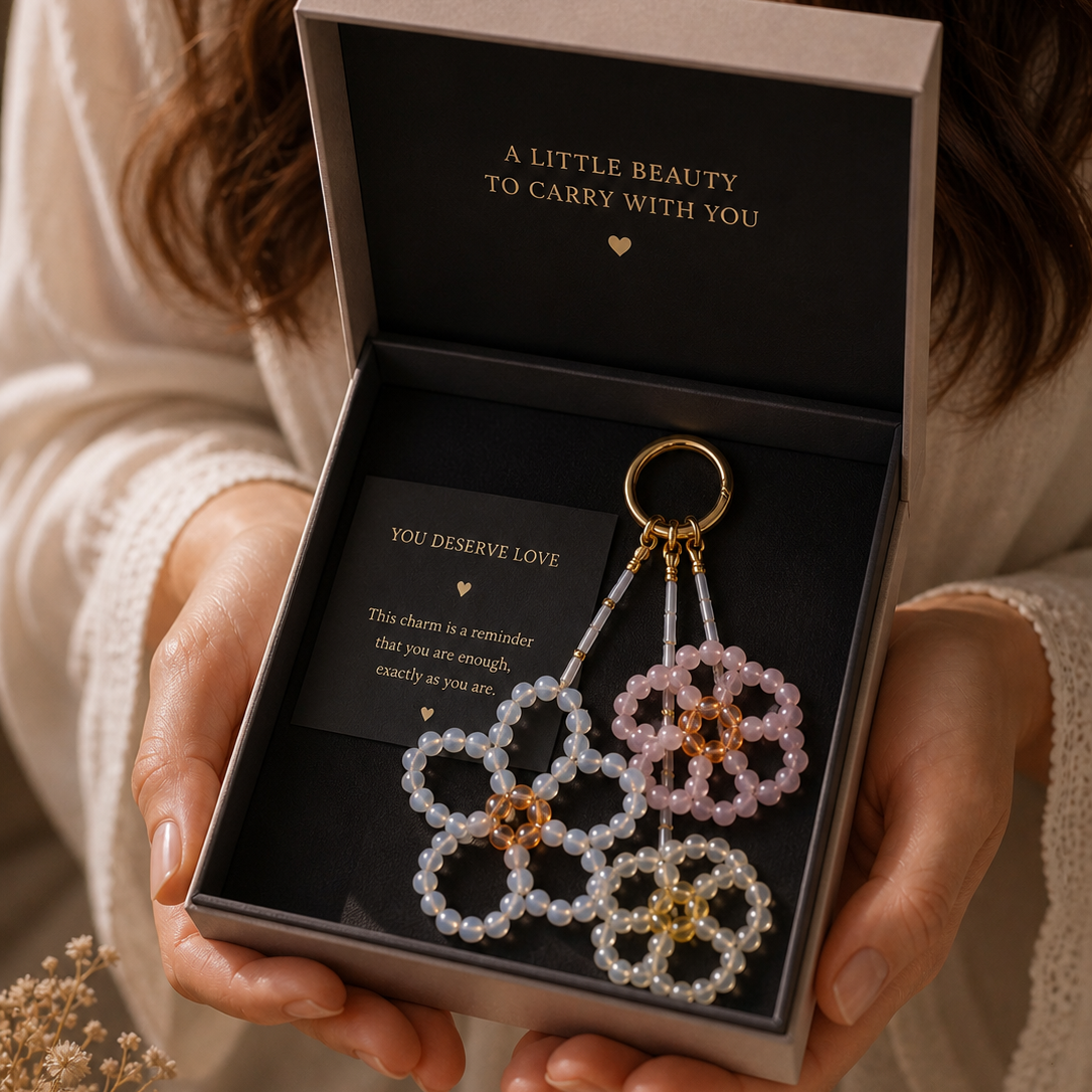 Unique crystal flower charm gift set with moonstone and rose quartz, luxury meaningful present
