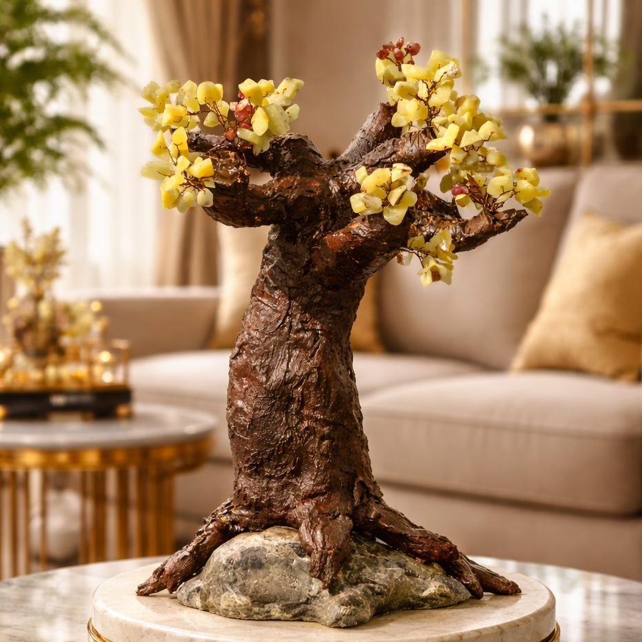 Unique Peridot gemstone Tree of Life sculpture handcrafted from copper wire and natural crystals for luxury home décor and meaningful gifting